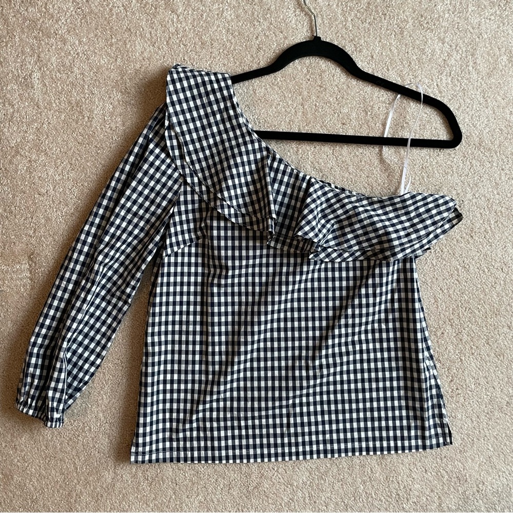 Jcrew navy blue gingham asymmetrical ruffle trim top size 0